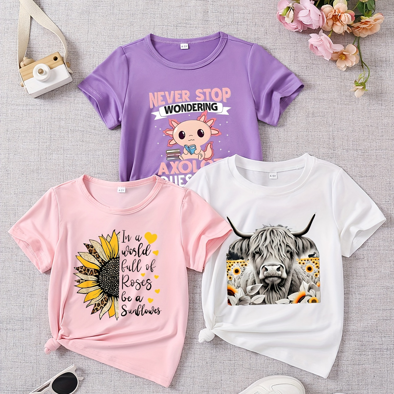 

Cartoon Axolotl & Cow & Sunflowers Graphic Print Tees, Girls' 3pcs Comfy & Stylish Short Sleeve T-shirts Set For Spring & Summer