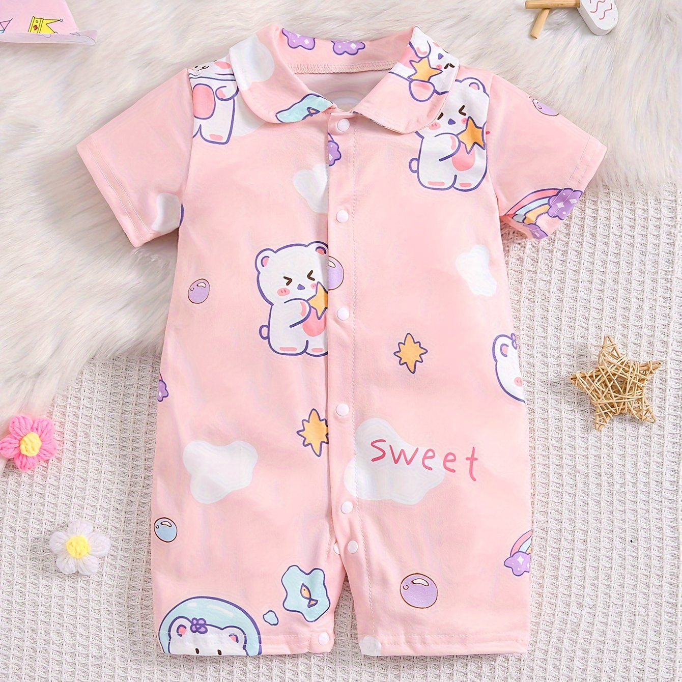 

Adorable Rainbow Bear Print Short-sleeved Baby Girls Jumpsuit - Lapel Snaps Romper For Maximum Comfort!