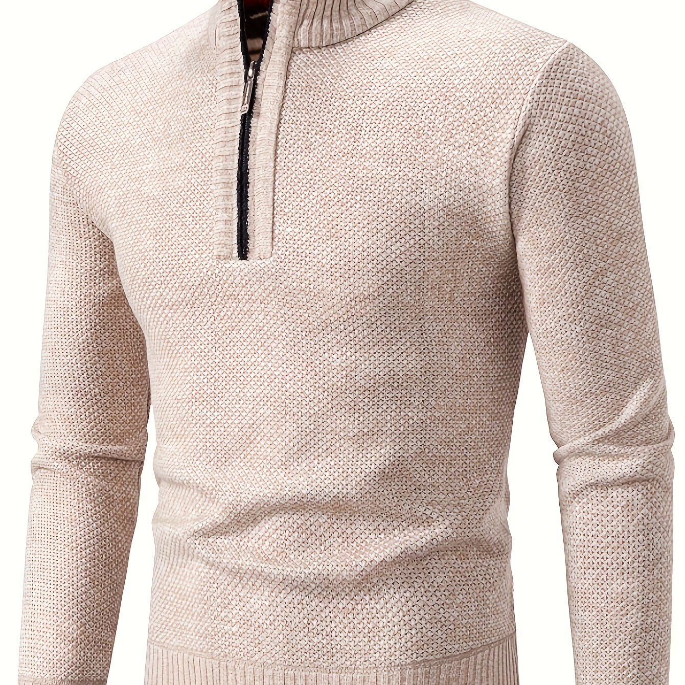 Men's Trendy Solid Knitted Pullover, Casual Slightly Stretch Breathable Turtle Neck Zip Up Long Sleeve Top For Outdoor Fall Winter