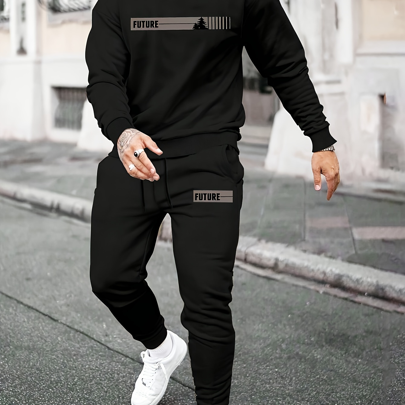 

Men's Athletic Sweatsuit Set - Crew Neck Long Sleeve Top With Drawstring Joggers, Polyester Knit Fabric, Regular Fit Sportswear With Printed Detail, Fall -piece Outfit