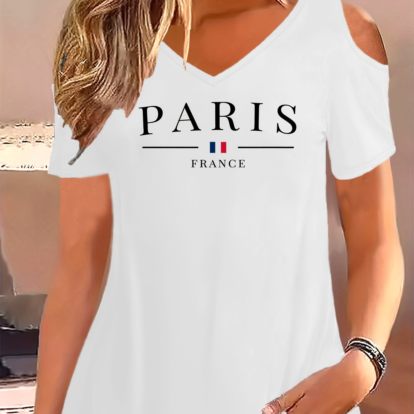 

Paris Print Cold Shoulder T-shirt, Casual V Neck Short Sleeve Top For Spring & Summer, Women's Clothing