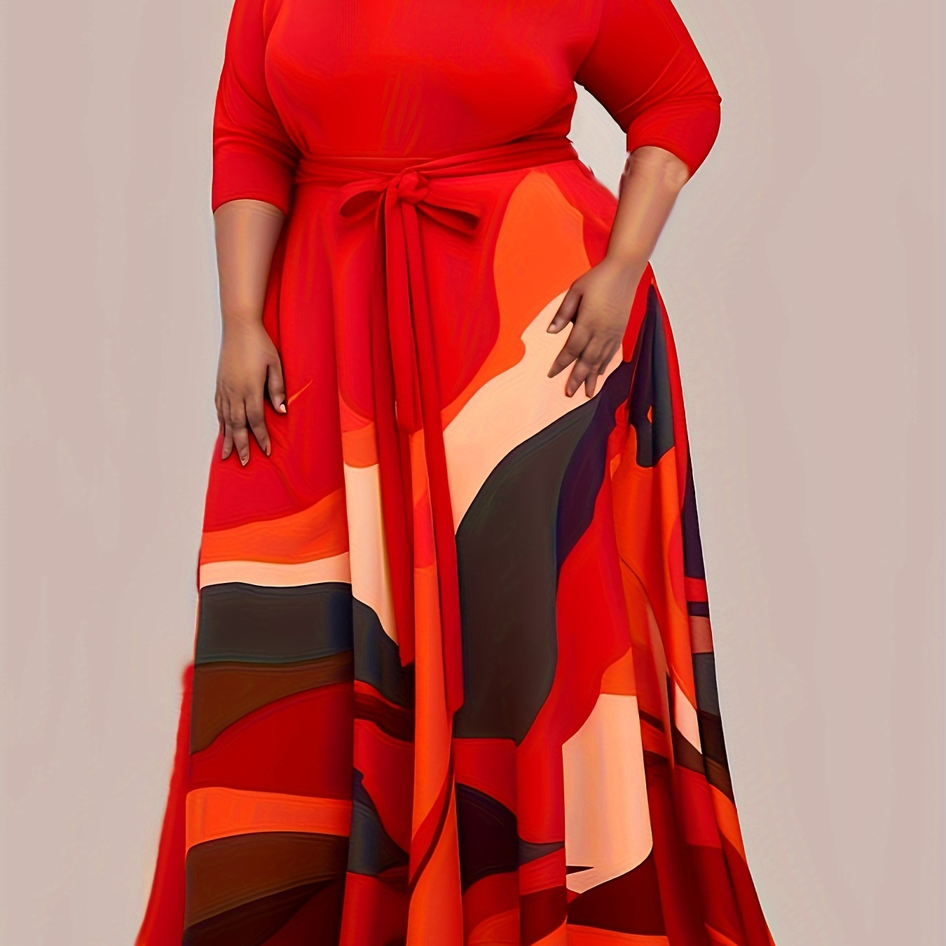 

Plus Size Colorblock Print Tie Waist Dress, Casual V Neck Long Sleeve Dress For Spring & Fall, Women's Plus Size Clothing