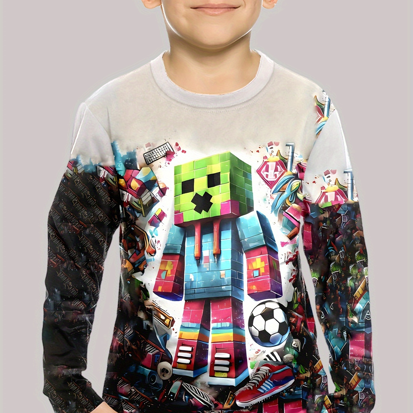 

Boys' 3d Neck Long Sleeve T-shirt, Casual Knit Polyester Top With Slight Stretch, Regular Fit For Outdoor Sports, Gift-ready For Spring/fall - Running Scene Design