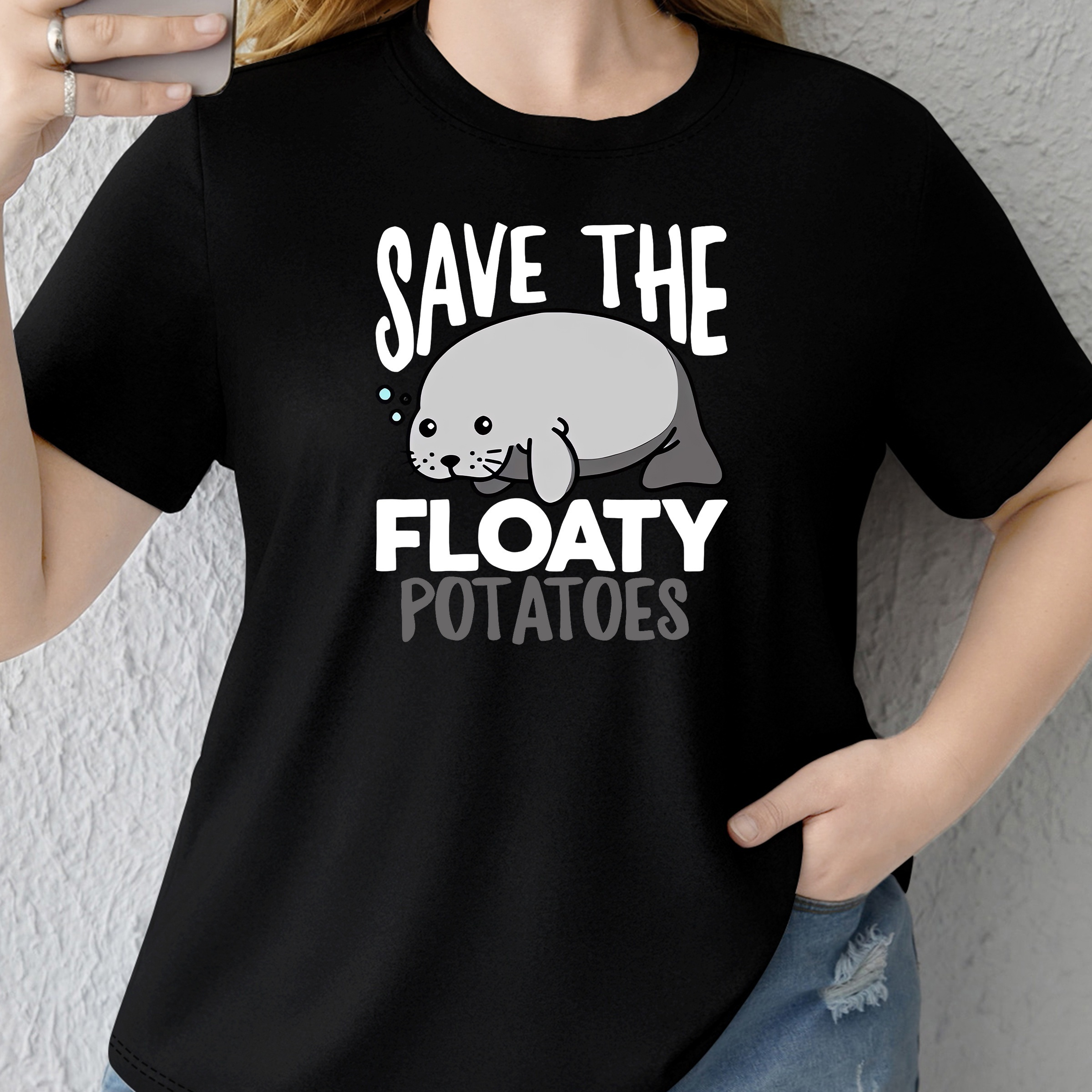 

Women's Plus Size Casual Sporty Tee, Cute Seal Graphic With "save The Floaty Potatoes" Slogan, Fashionable Loose Fit, Short Sleeve T-shirt
