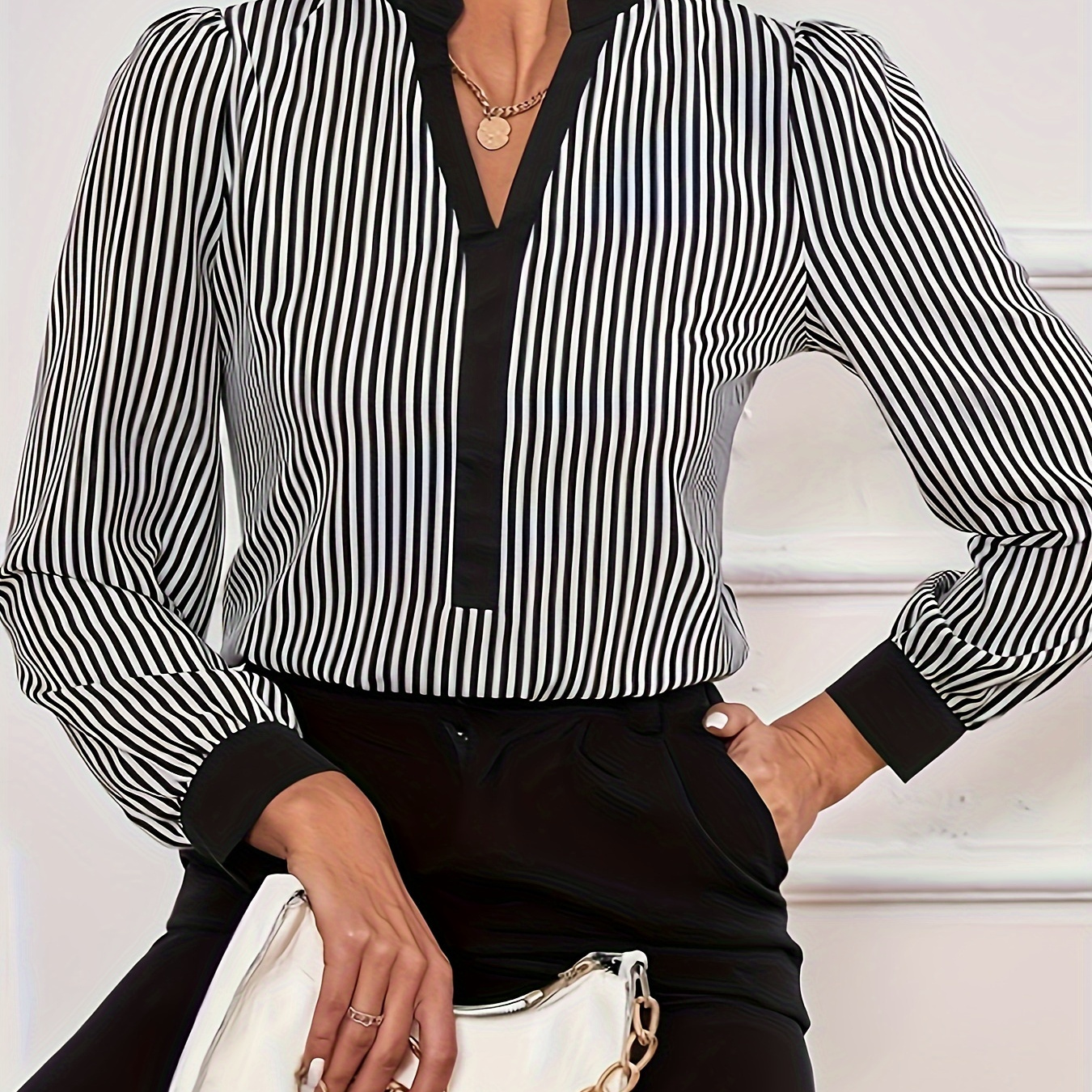 

Women's Elegant Striped V-neck Blouse With Cuffs And Collar, 100% Polyester Long Sleeve Shirt For Fall/winter - Woven Fabric