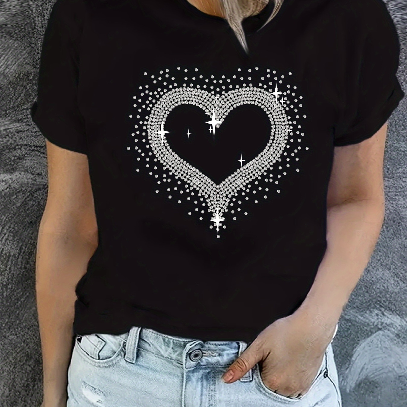 

Rhinestone Heart Print T-shirt, Short Sleeve Crew Neck Casual Top For Summer & Spring, Women's Clothing