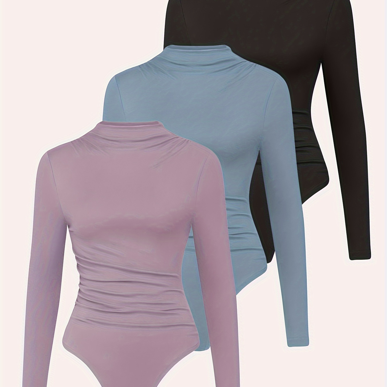 

Chic 3pcs Set: Slim Fit Long Sleeve Bodysuits For Women - Solid Color, Mock Neck, Stretchy Polyester , Machine Washable