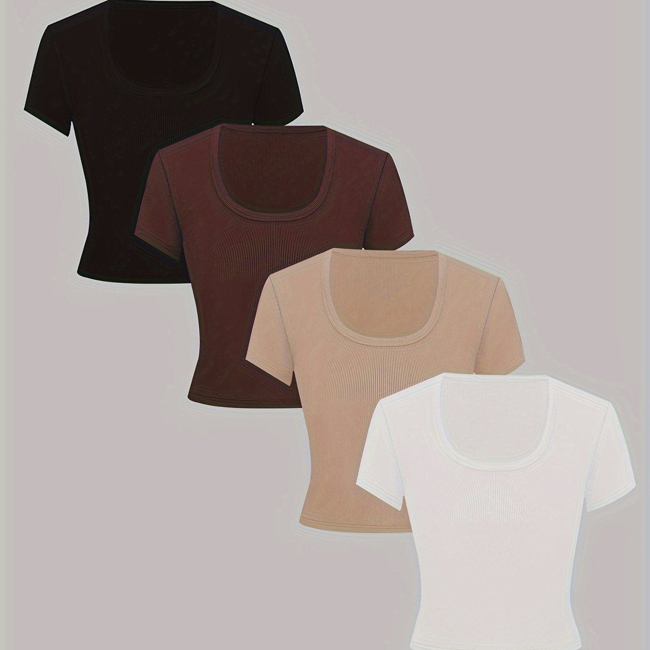 

Solid Color T-shirt 4 Pack, Versatile Square Neck Short Sleeve Slim Summer Top, Women's Clothing