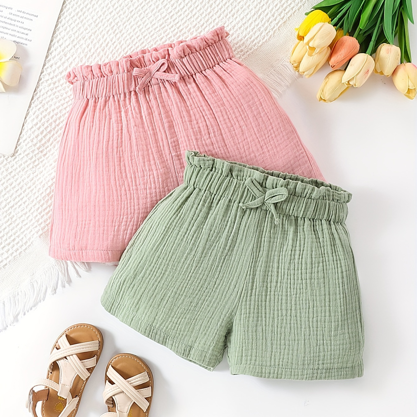 

2pcs, Girls Comfy 100% Cotton Muslin Bow Decor Shorts Versatile Shorts Set For Summer, 100% Cotton Muslin