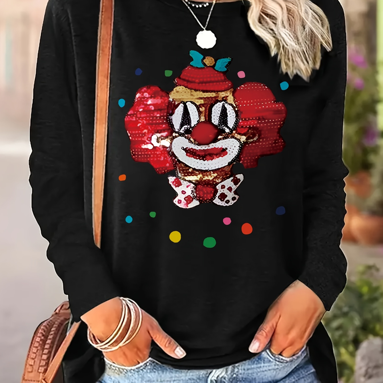 

Women's Casual Crew Neck Long Sleeve T-shirt, Polyester Knit Fabric With Elastane, , With Clown Print, For Spring/summer/fall, Casual Wear | Clown Graphic Tee | Comfortable Fabric