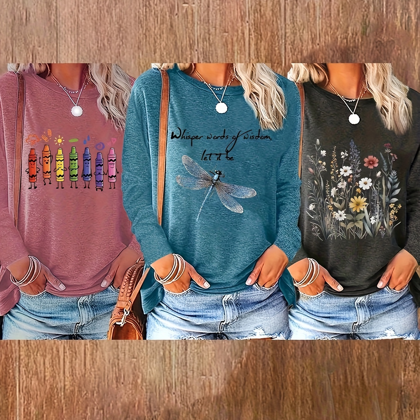 

3pcs Floral Dragonfly Crayon & Letter Neck T-shirt, Casual Long Sleeve Top For Spring & Fall, Women's Clothing