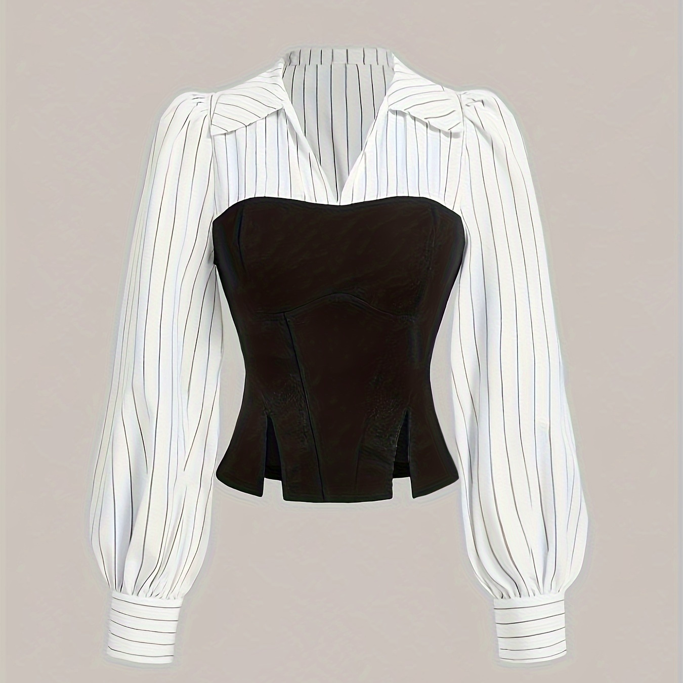 

Elegant Striped Patchwork Lapel Collar Shirt, Polyester 100% Women's Casual Shirt For Spring/summer