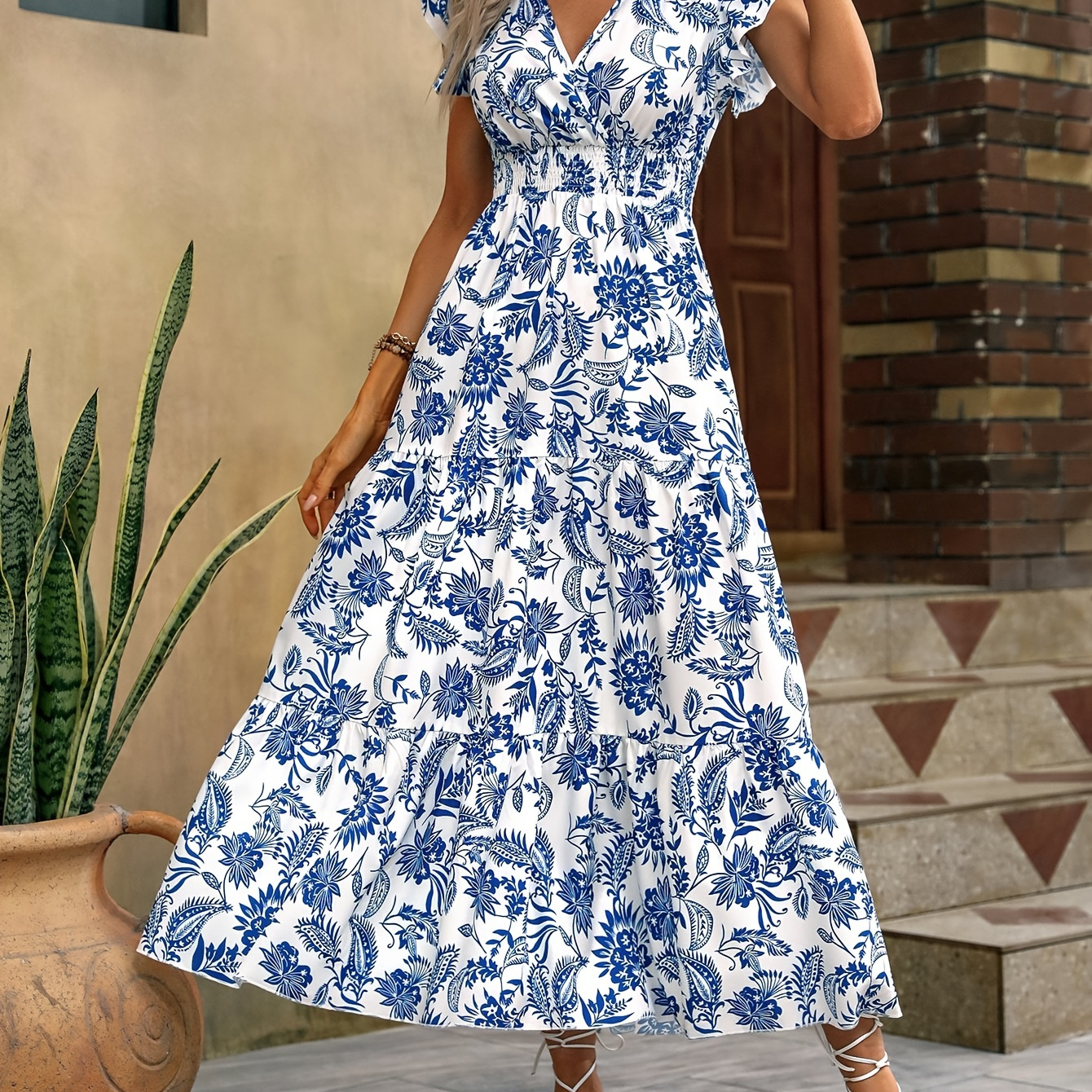 

Shirred Waist Ruffle Hem Allover Print Dress, Elegant V Neck Ruffle Sleeve A-line Dress For Spring & Summer, Women's Clothing