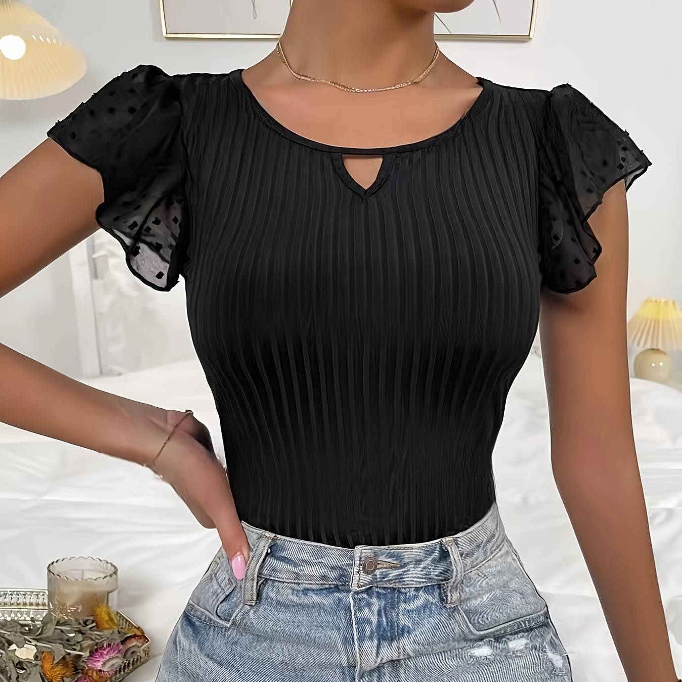 

Dot Mesh Splicing Keyhole Top, Versatile Ruffle Trim Slim Top For Spring & Summer, Women's Clothing