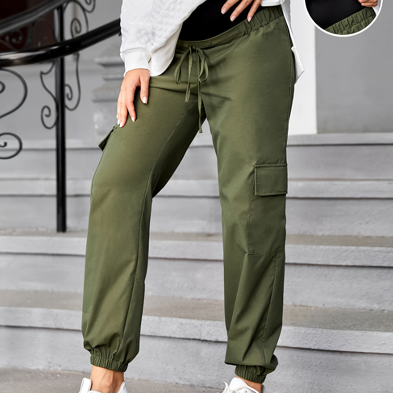 

Elegant Maternity Harem Pants - Comfy Polyester, Non-stretch, Solid Color With Button Detail & Drawstring Waist For Spring/fall