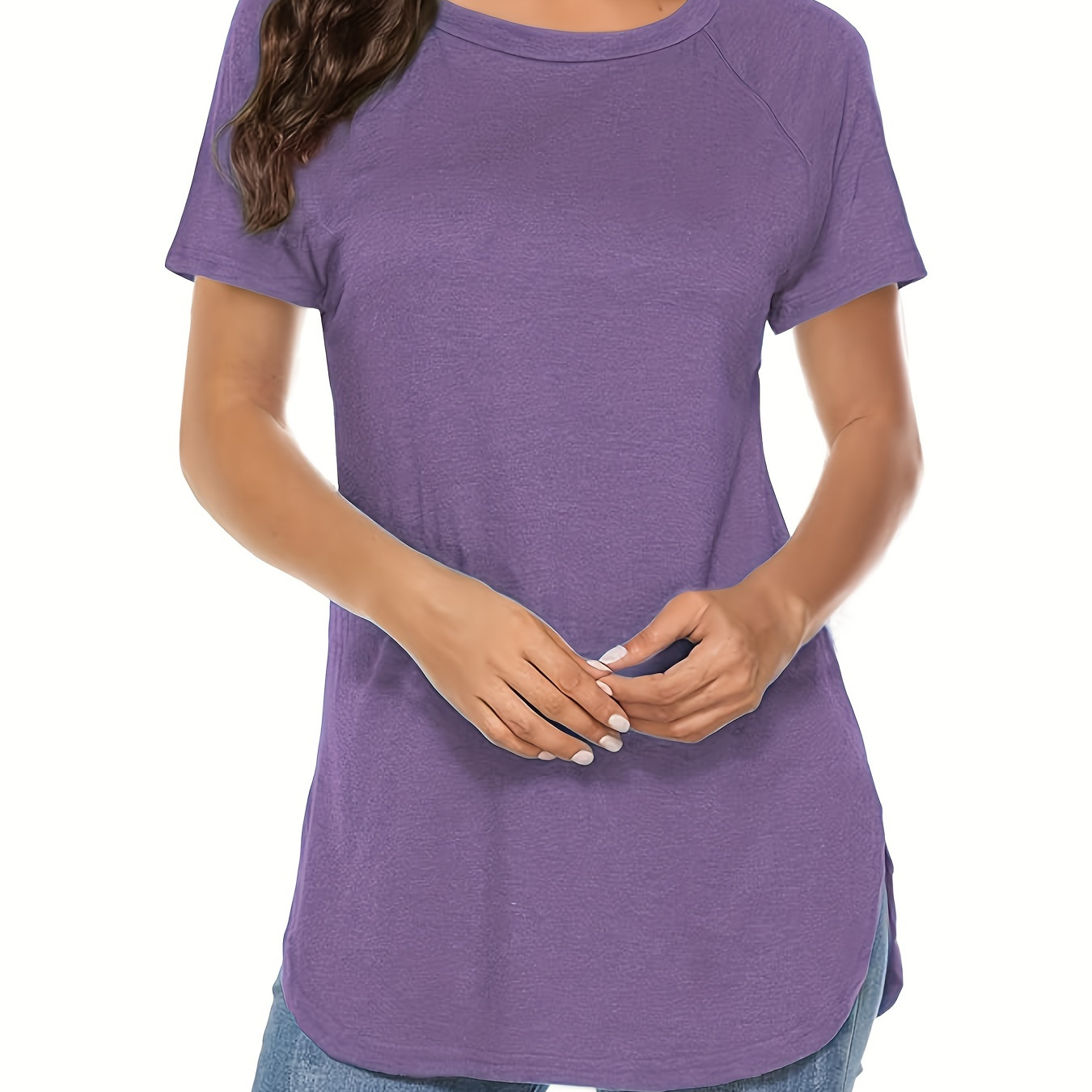 

Solid Color Crew Neck T-shirt, Casual Short Sleeve Curved Hem Top For , Women's Clothing