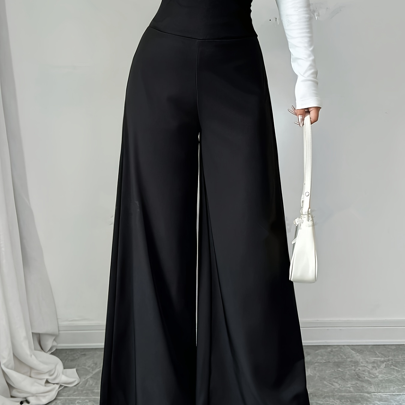 

1pc Elegant High-waisted Black Wide Leg Pants For Women, Solid Color Polyester, Regular Fit With Zipper Fly, Long Length Trousers With Zipper Detail