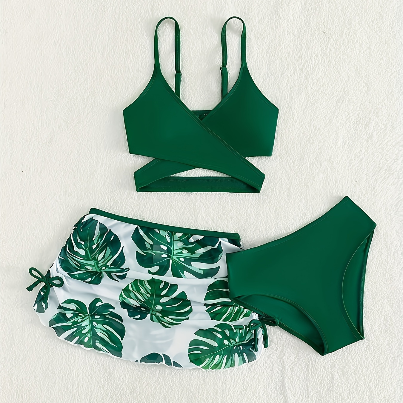 

Plain Green Crisscross Bikini With Leaf Print Drawstring Cover Up Skirt 3 Piece Set Swimsuits, Women's Swimwear & Clothing