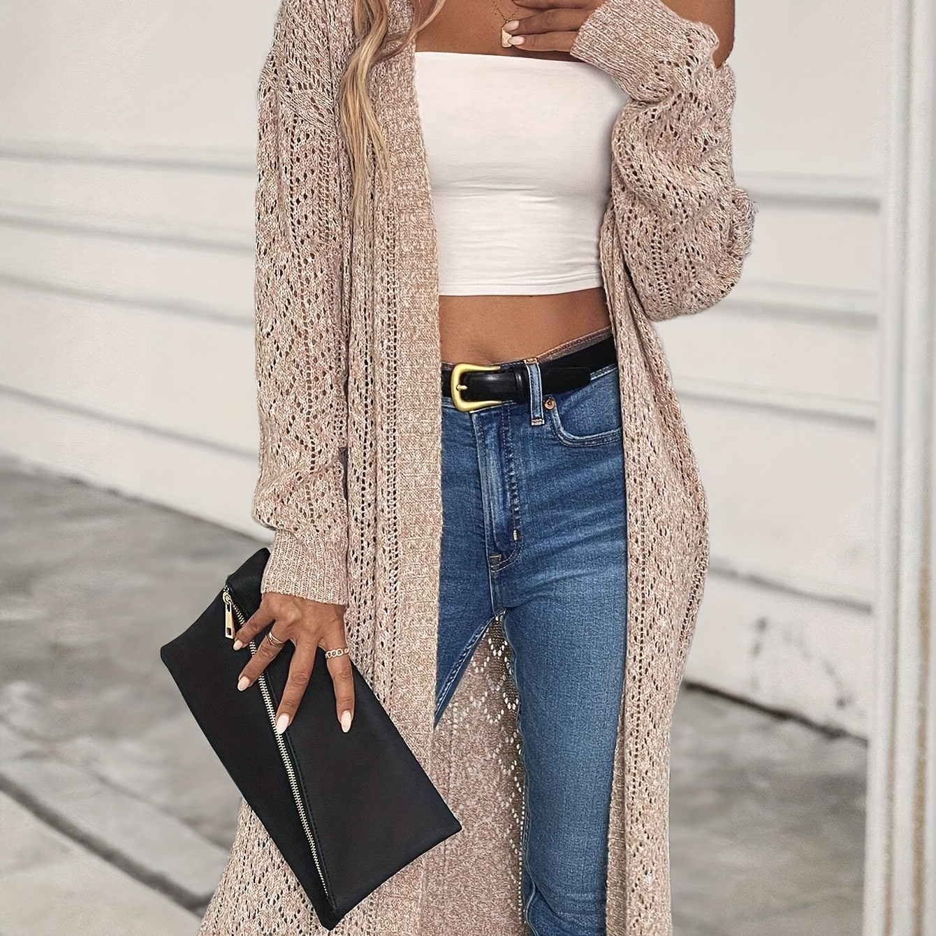 

Solid Eyelet Long Length Cardigan, Elegant Long Sleeve Open Front Split Hem Cardigan, Women's Clothing