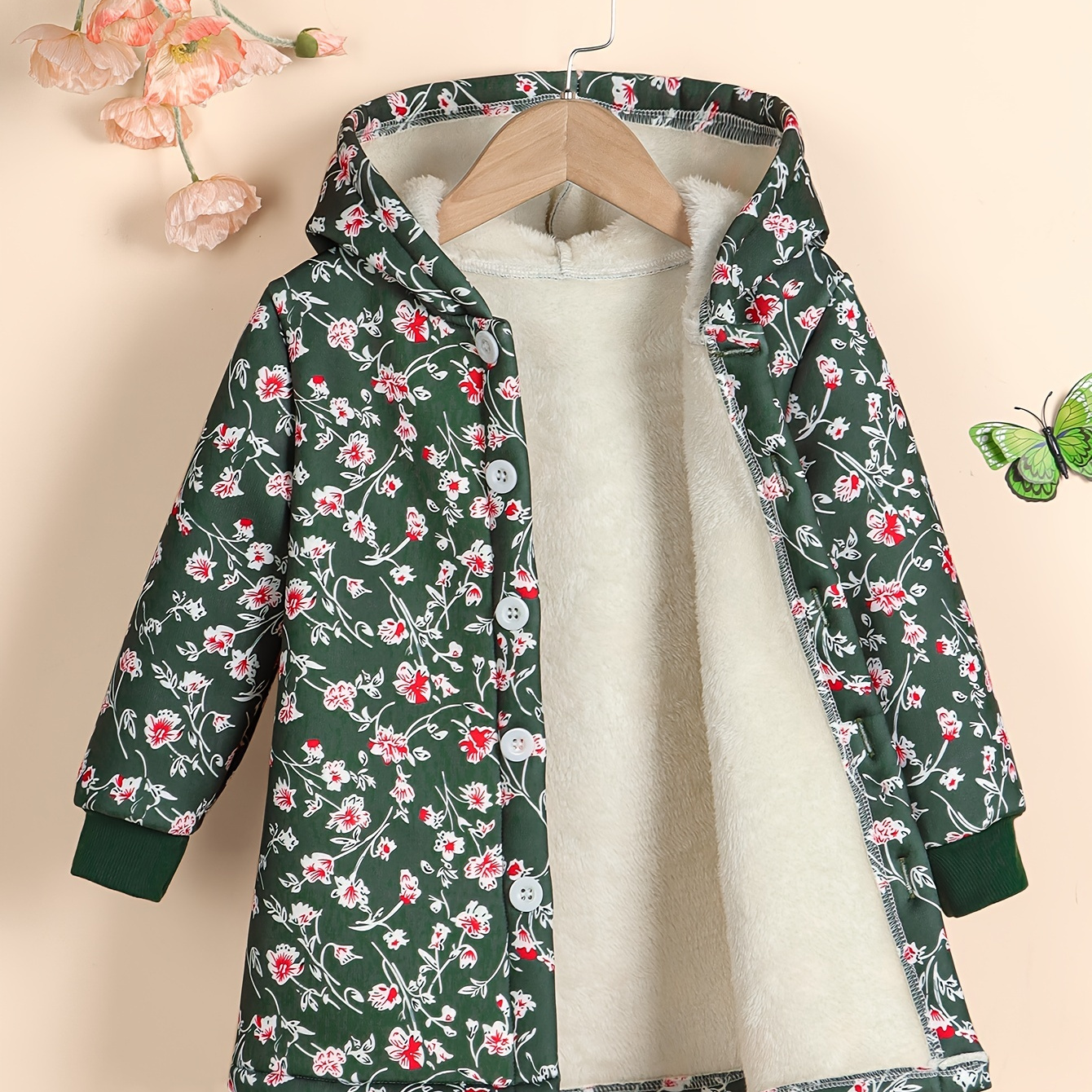 Floral Print Girls Plus Fleece Hooded Button Up Jacket, Kids Thick Outwear For Winter Outdoor