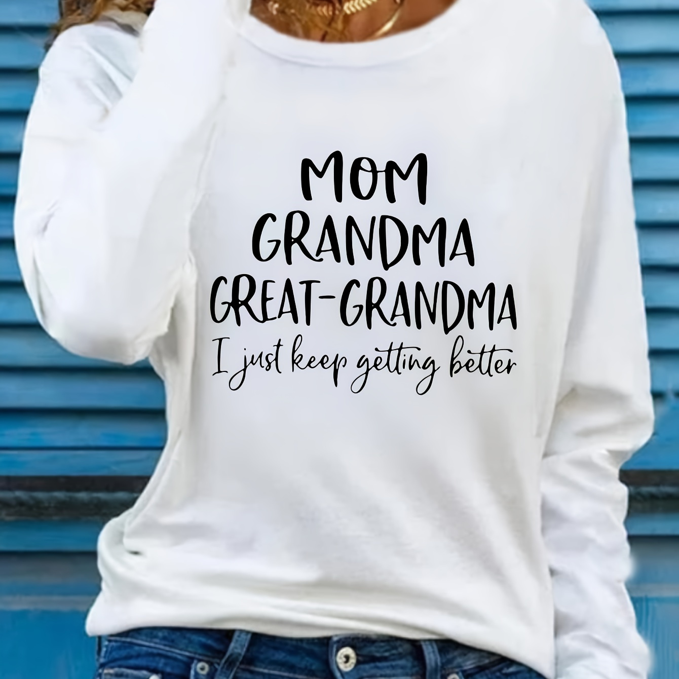 

Women's Long Sleeve T-shirt, "mom Grandma" Letter Print, Comfortable Round Neck, Casual Knit Fabric, Polyester, Regular Fit, Autumn Fashion Top