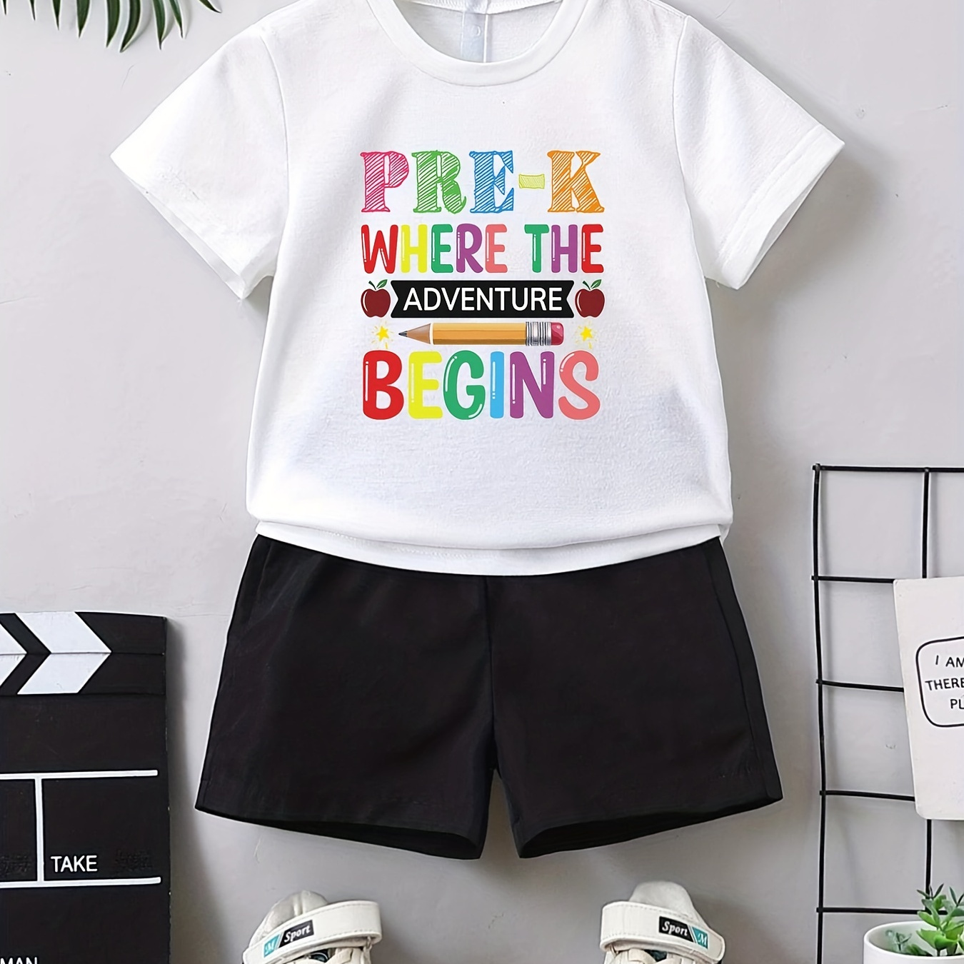 

Pencil Pattern Boy's 2pcs, T-shirt & Shorts Set, Pre-k Where The Adventure Begins Print Casual Outfits, Toddler Kids Clothes For Summer