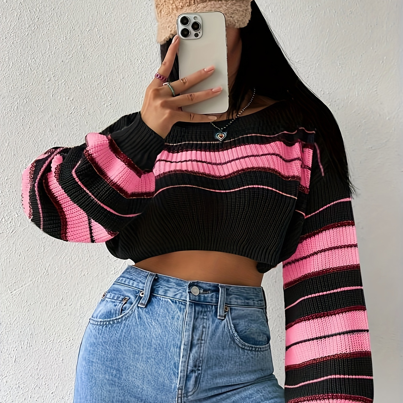 

Striped Boat Neck Pullover Sweater, Elegant Long Sleeve Crop Sweater, Women's Clothing