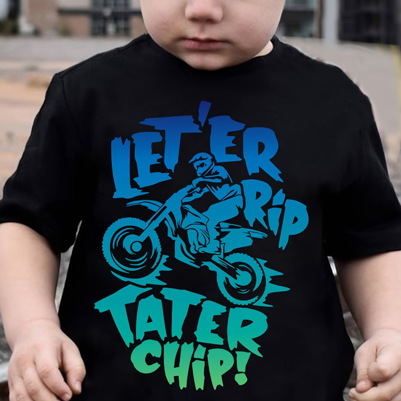 

Let Rip Tater Chip & Off-road Motorcycle Print T-shirt For Boys, Cute Tee Top, Casual Top For Spring And Summer