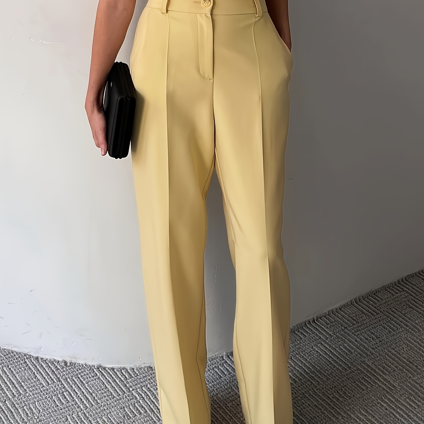 

1pc Elegant Solid Color Polyester Suit Trousers For Women - Loose-fit Straight-leg Pants With Pockets, Woven Fabric, For Adult - Yellow