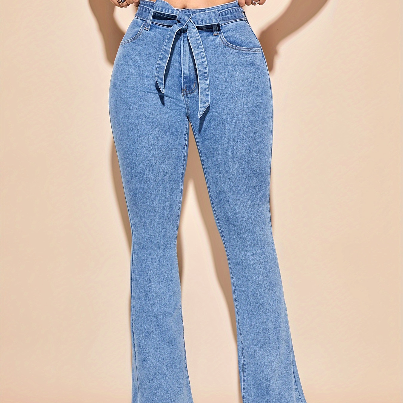 

Blue High Waist Flare Jeans, High Stretch With Waistband Bell Bottom Jeans, Women's Denim Jeans & Clothing