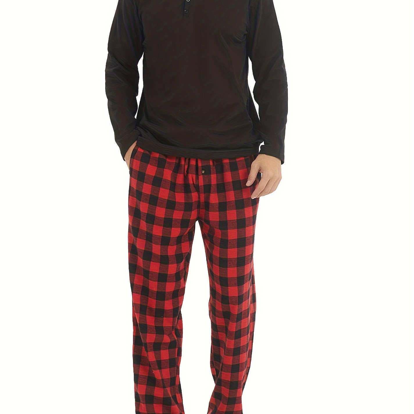 

2 Pcs Men's Pajama Sets, Black Long Sleeve & Plaid Pattern Pants, Comfortable & Gentle Style Pajamas For Men's Summer Cozy Loungewear