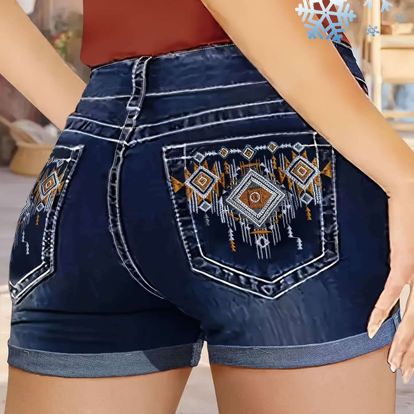 

Women's Plus Size Retro Embroidered Cuffed Denim Shorts, Casual High Waist Skinny Stretch Jean Shorts