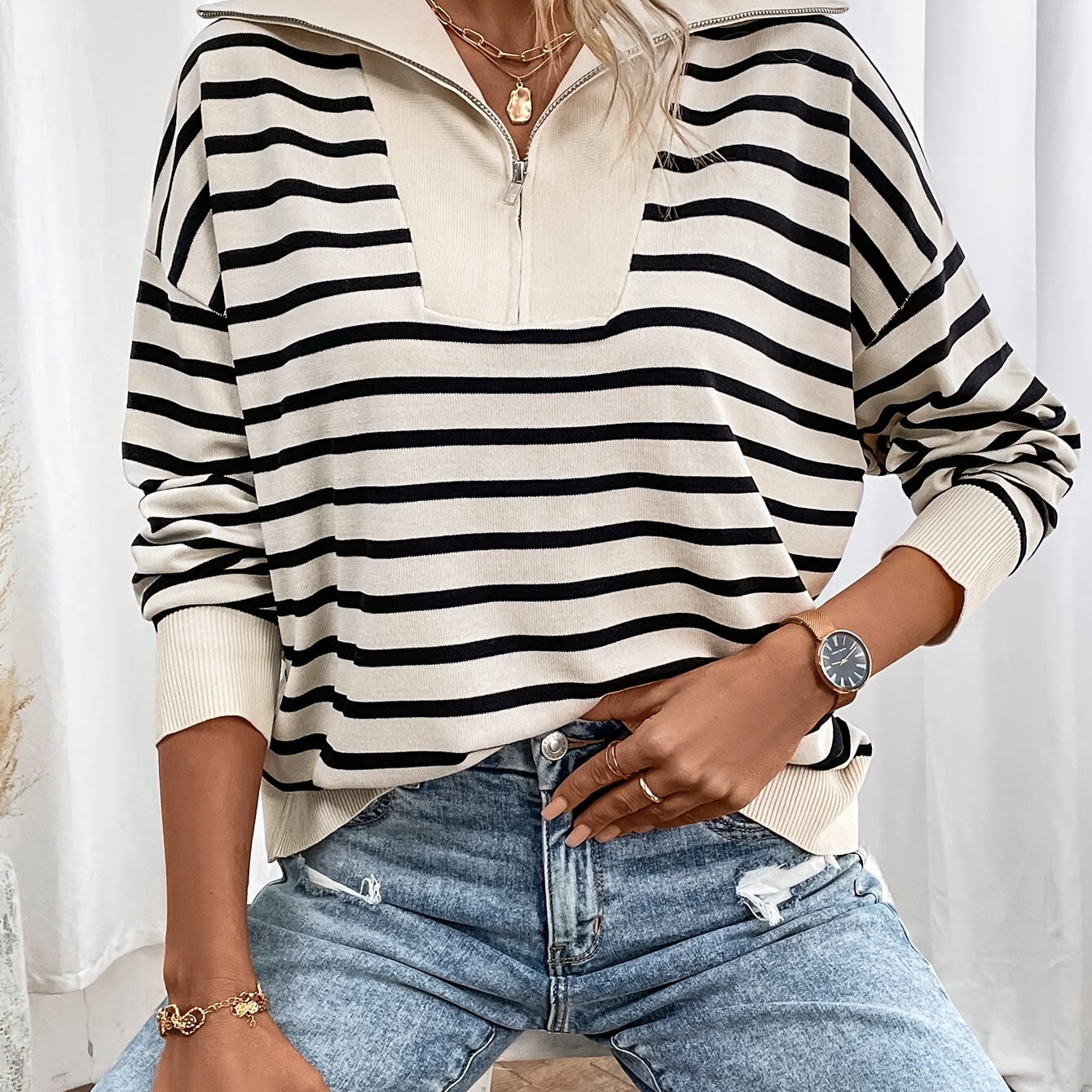 

Stripe Zip Up Collared Sweater, Elegant Long Sleeve Drop Shoulder Sweater For Fall & Winter, Women's Clothing