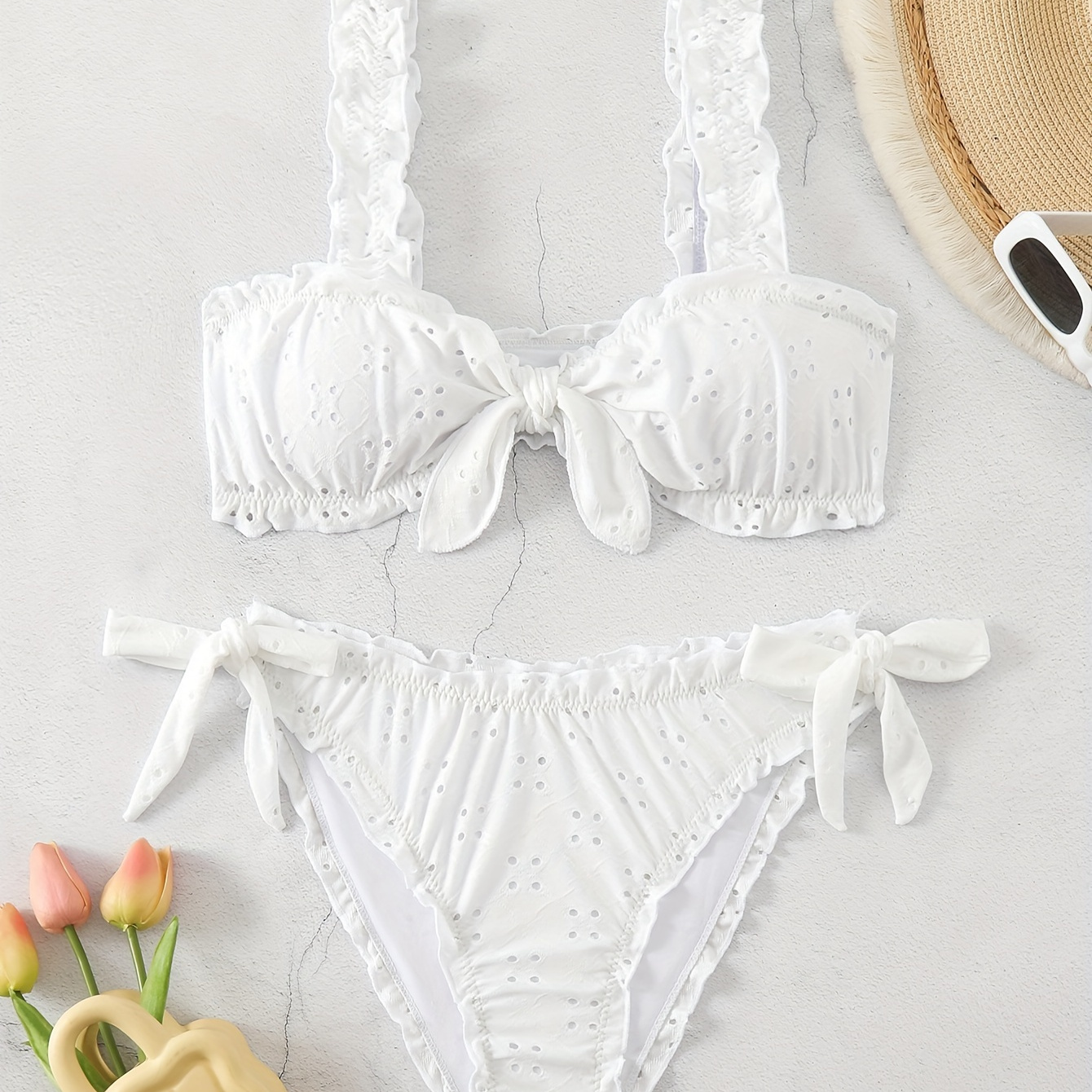 

Eyelet Embroidery Plain White 2 Piece Set Bikini, Frill Stretchy Knot Cute Swimsuits, Women's Swimwear & Clothing