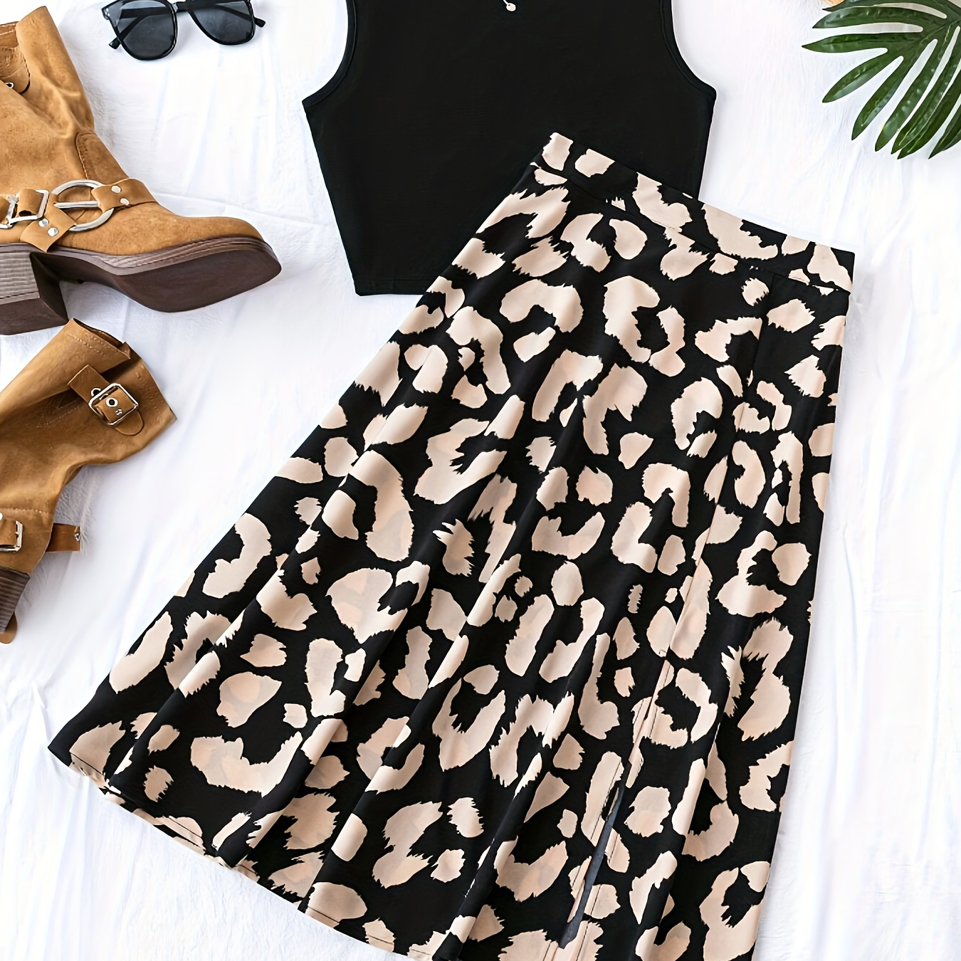 

Leopard Print Stylish Skirt Set, Mock Neck Sleeveless Solid Crop Tank Top & Split Hem Skirt Outfits, Women's Clothing