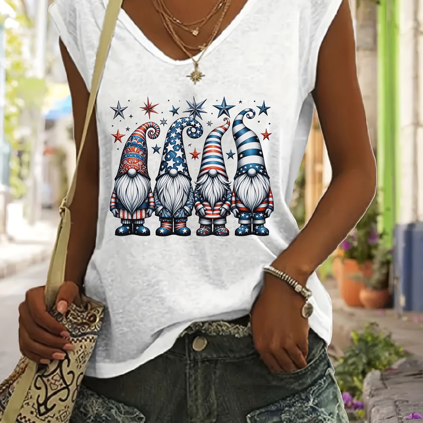 

Gnome Print V-neck Tank Top, Casual Sleeveless Top For Summer & Spring, Women's Clothing