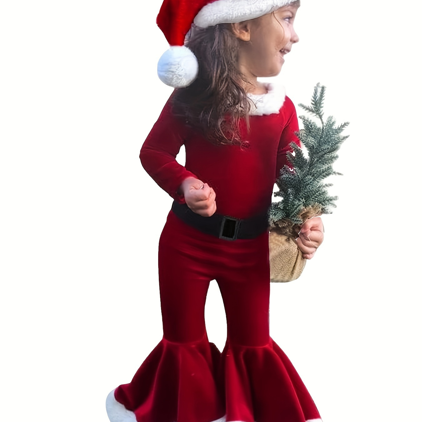 

Merry Christmas Outfit Toddler Baby Girls Santa Claus Style Long Sleeve Bell Bottom Romper + Christmas Hat