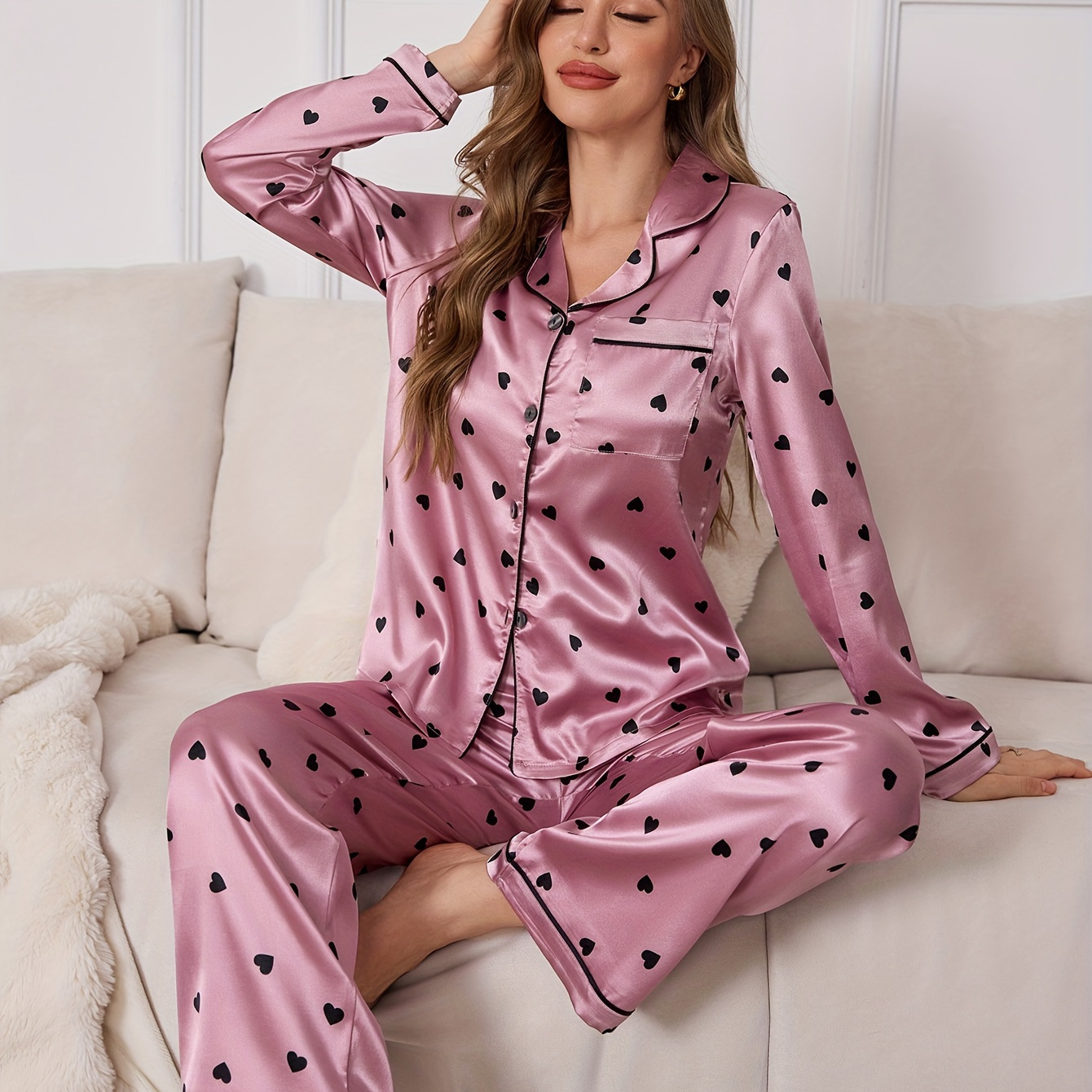 

Elegant Satin Pajama Set For Adults With Heart Pattern, Woven Long Sleeve Pajama Pants And Top With Reversible Collar, Cozy Fall/winter Wear