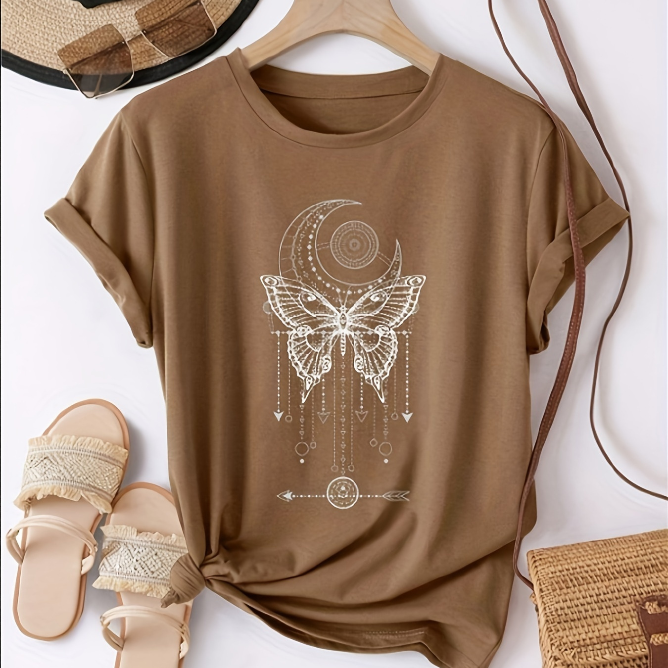 

Butterfly & Moon Print Vintage T-shirt, Crew Neck Short Sleeve Top For Spring & Summer, Women's Clothing