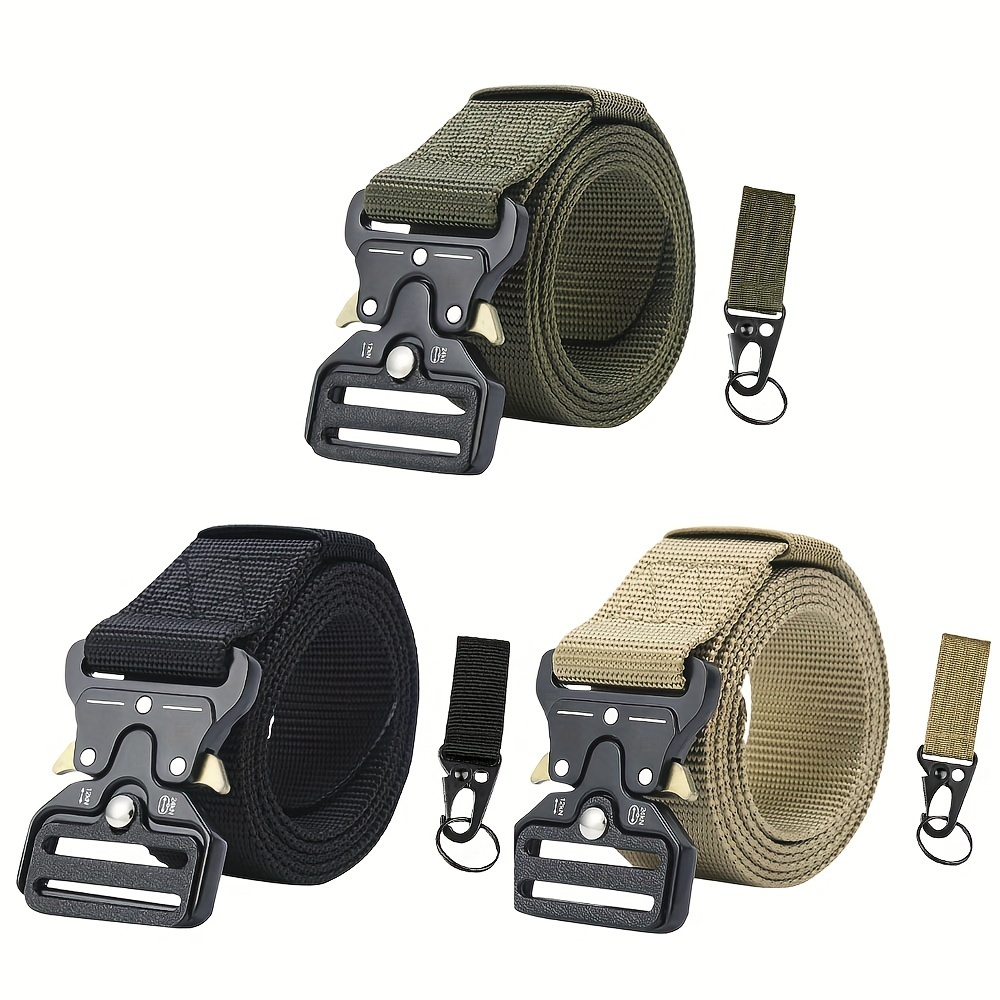 3-Pack Military Style Tactical Belts for Men, Quick-Release Metal Buckle  with Molle Key Ring Holder