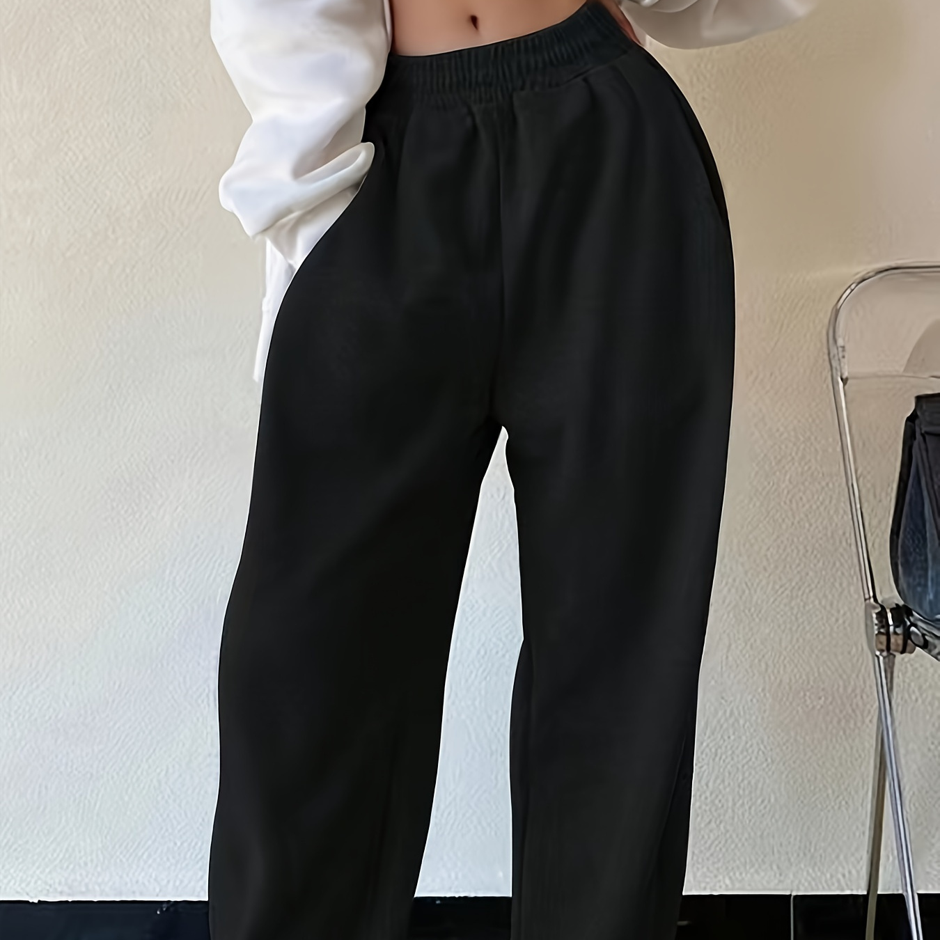 

Solid Color Wide Leg Sweatpants, Casual Slant Pockets Elastic Waist Pants For Fall & Winter, Women's Clothing