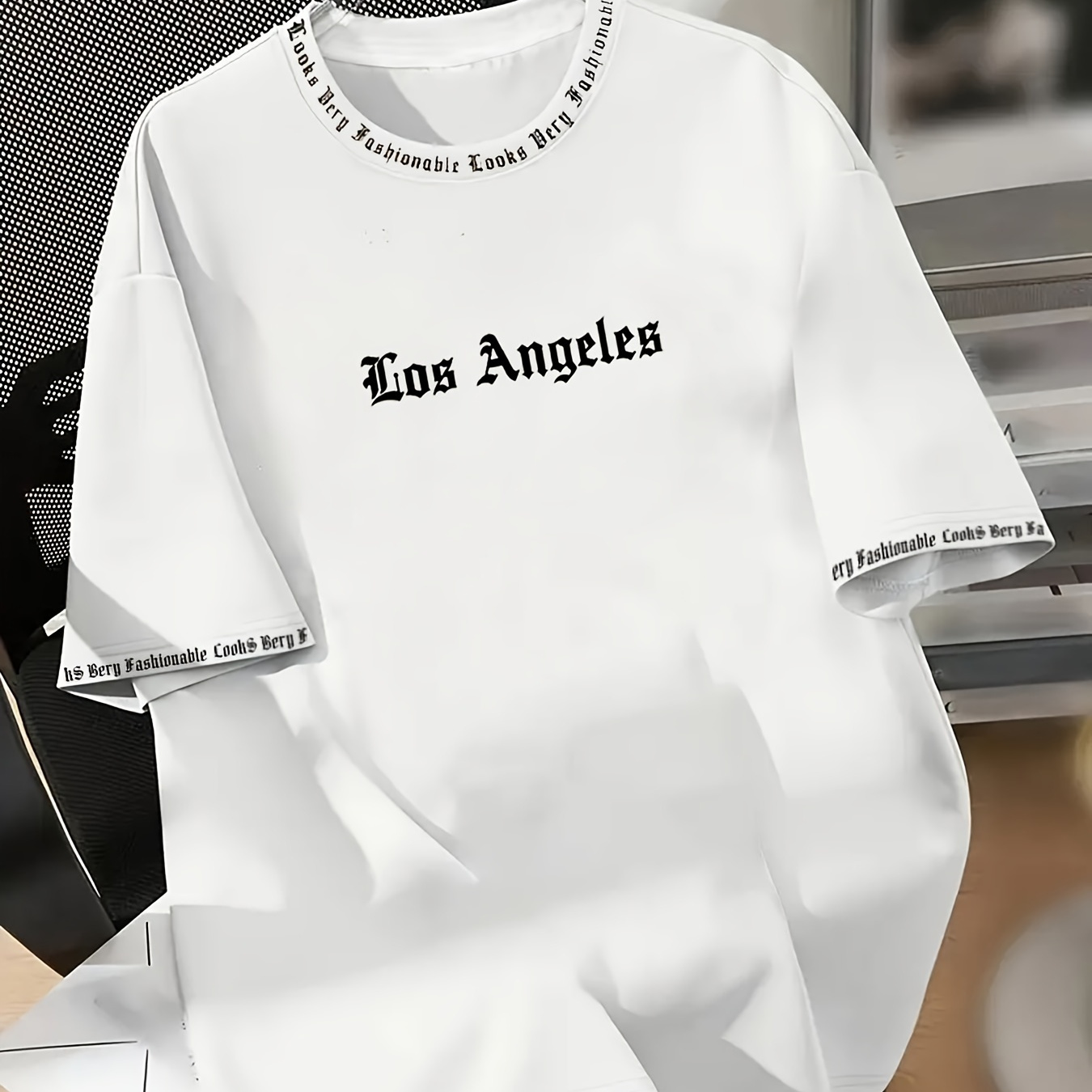 

1pc T-shirt imprimé Los Angeles, T-shirt décontracté à col rond et manches courtes, tissu en polyester tricoté avec une légère élasticité, haut polyvalent pour /été/automne, mode - ODXT0124