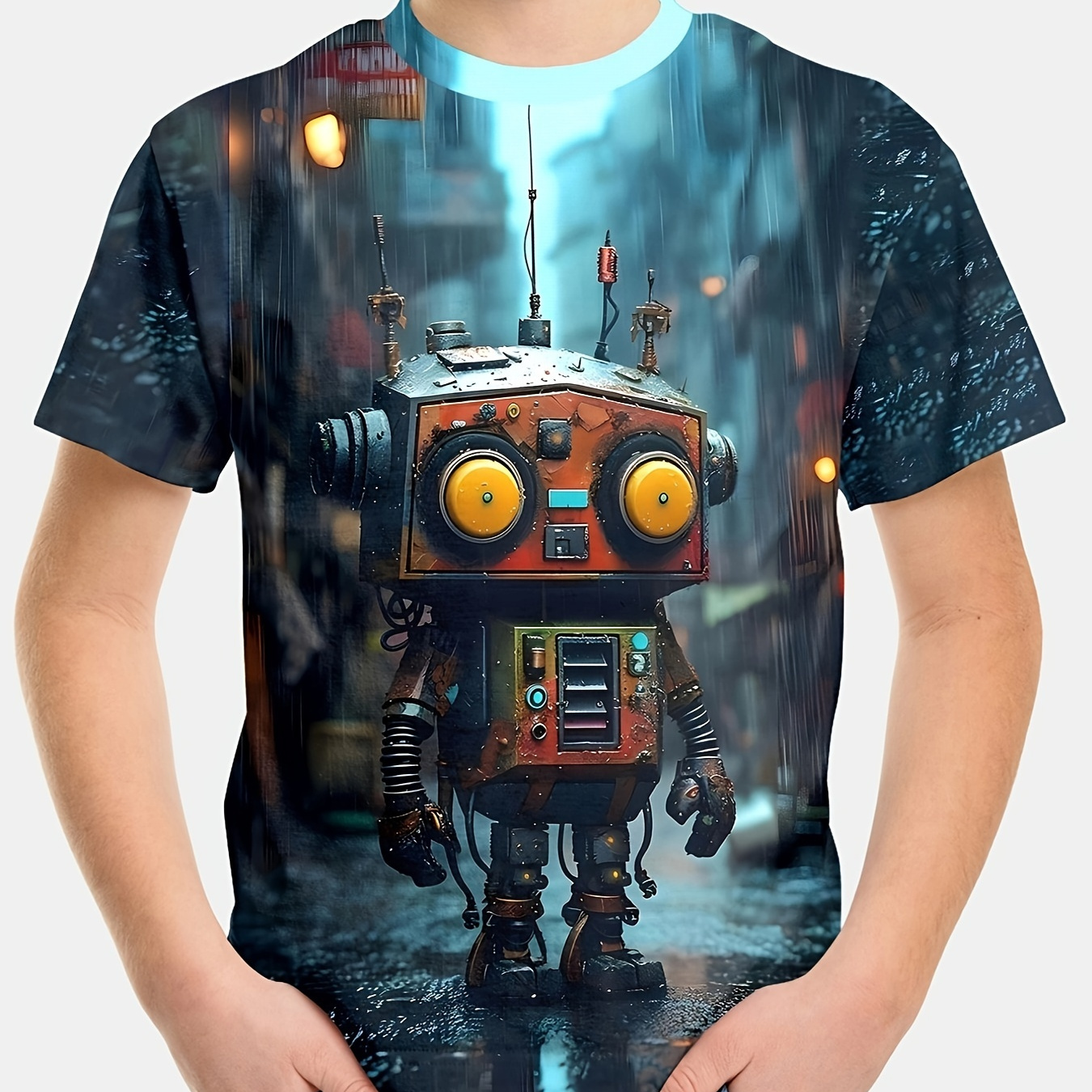 

Cool Cartoon Robot 3d Print Boy's Casual T-shirt, Short Sleeve Comfy Tee Tops, Summer Outdoor Sports Clothing