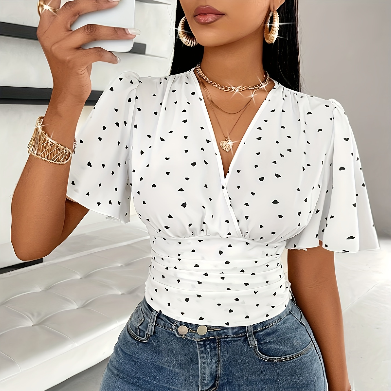 

Heart Print V-neck Tucked Blouse, Elegant Flutter Sleeve Slim Blouse For Spring & Summer, Women's Clothing