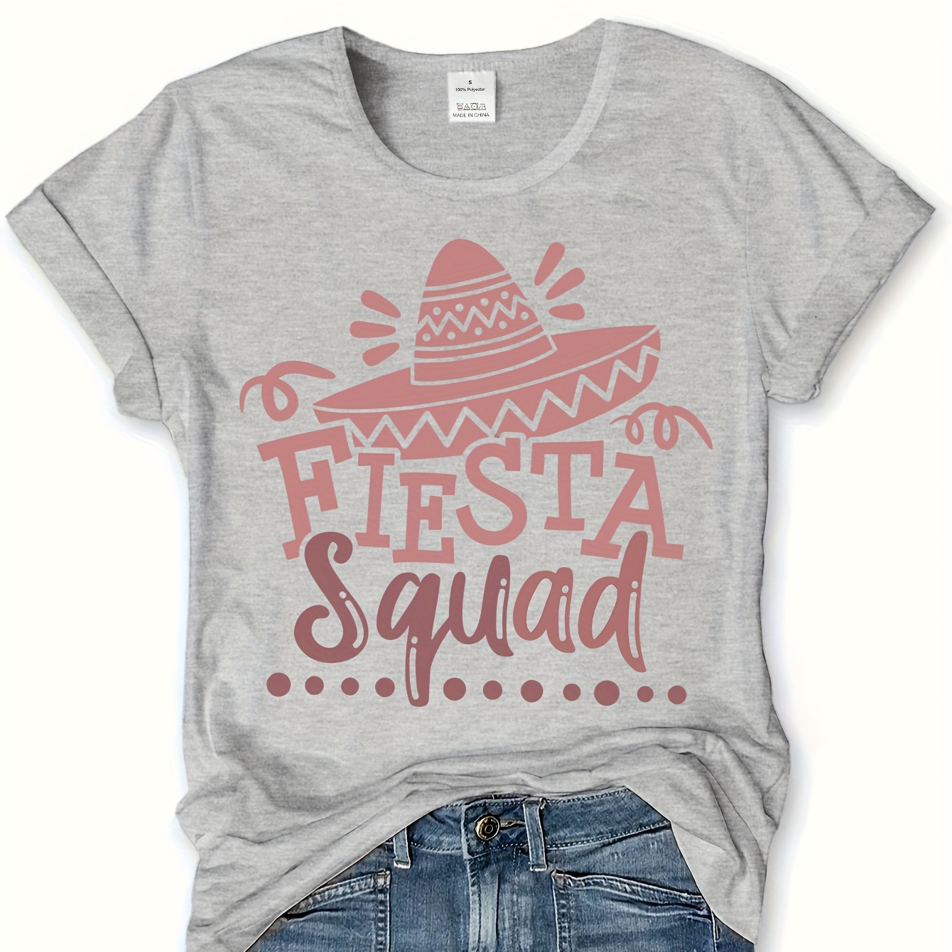 

Fiesta Squad Print T-shirt, Short Sleeve Crew Neck Casual Top For Summer & Spring, Women's Clothing