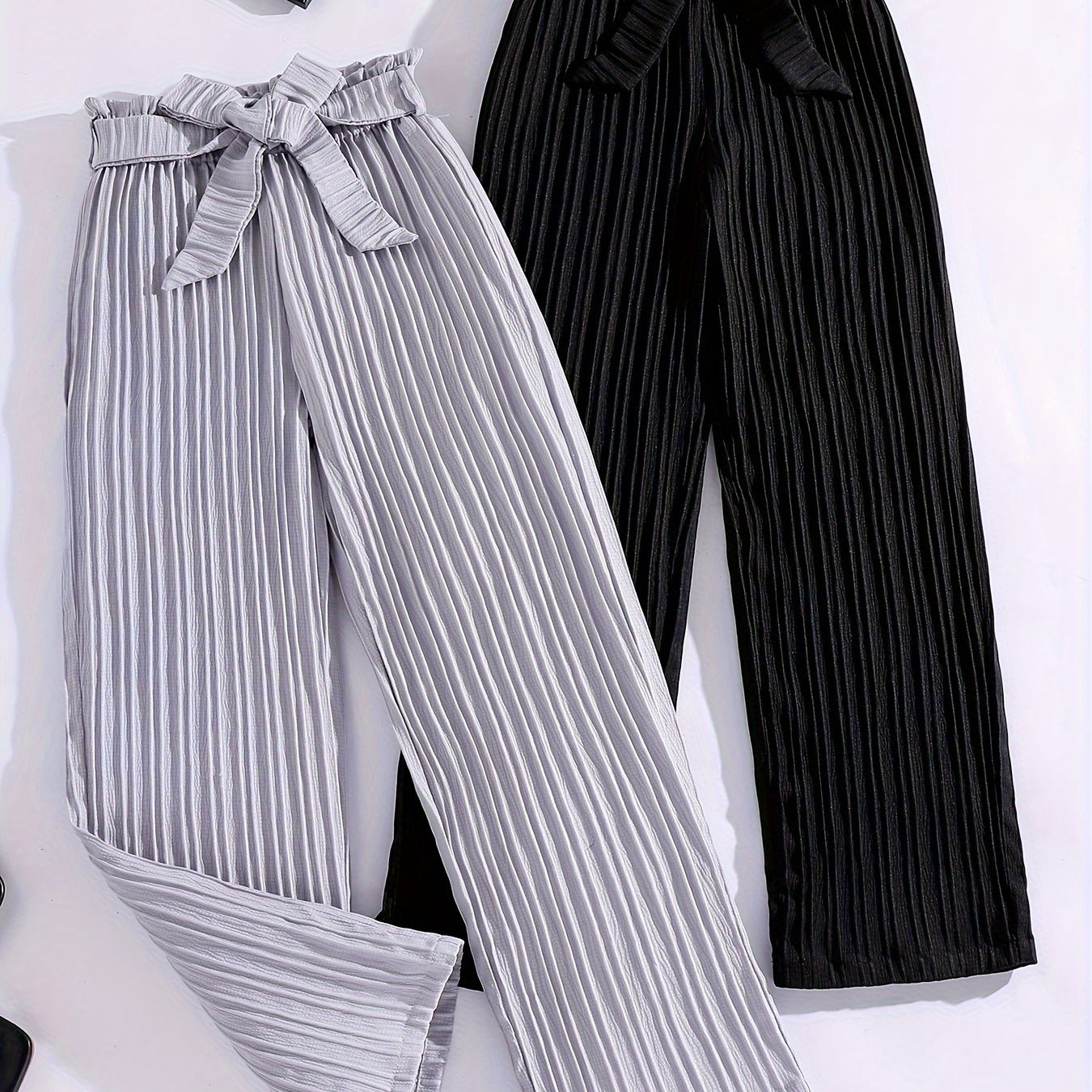 

Girls 2pcs/set Stylish & Casual Solid Colored Belted Textured Wide Leg Pants For Spring & Fall