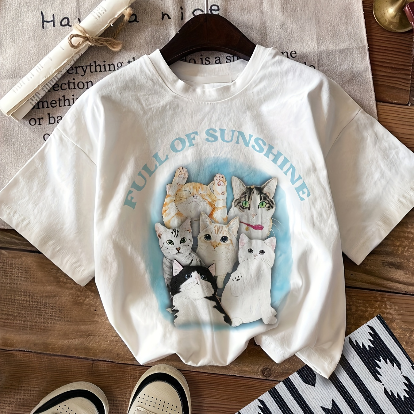 

Cat Print T-shirt, Short Sleeve Crew Neck Casual Top For Summer & Spring, Women's Clothing