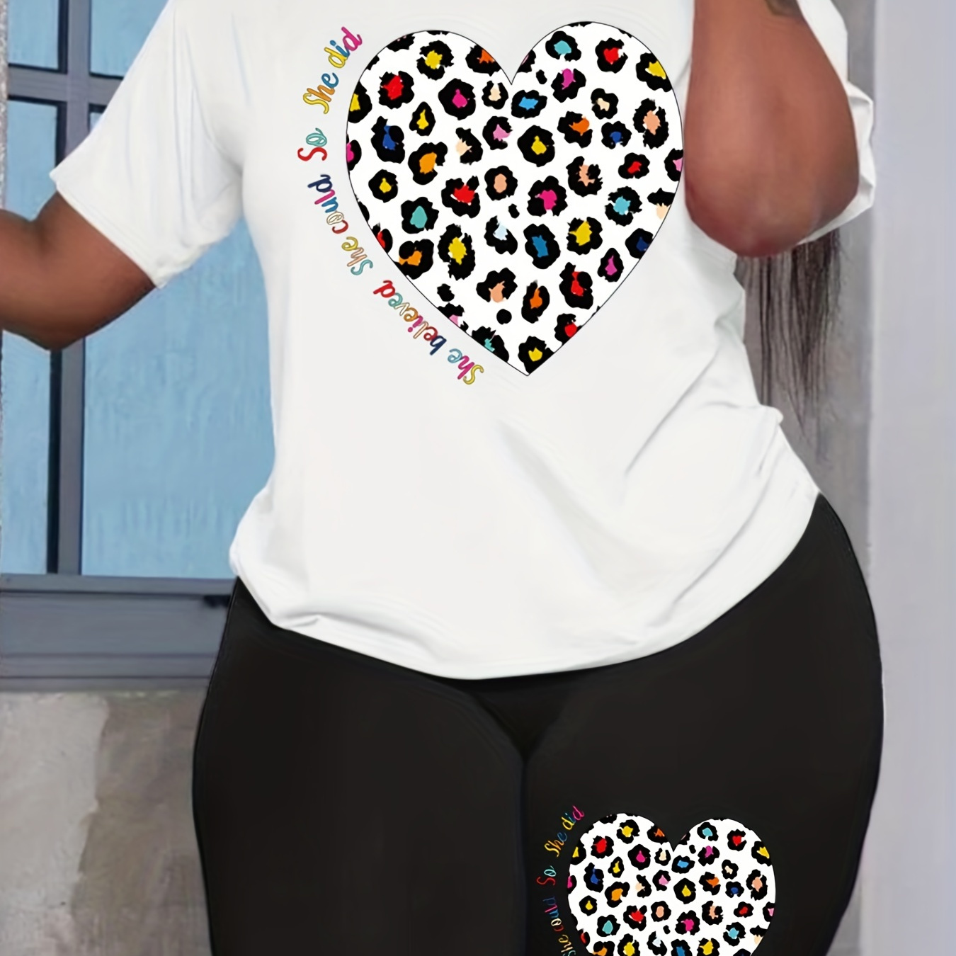 

Heart Print 2pcs Set, Short Sleeve T-shirt & Biker Shorts, Summer Casual 2 Piece Set, Women's Clothing