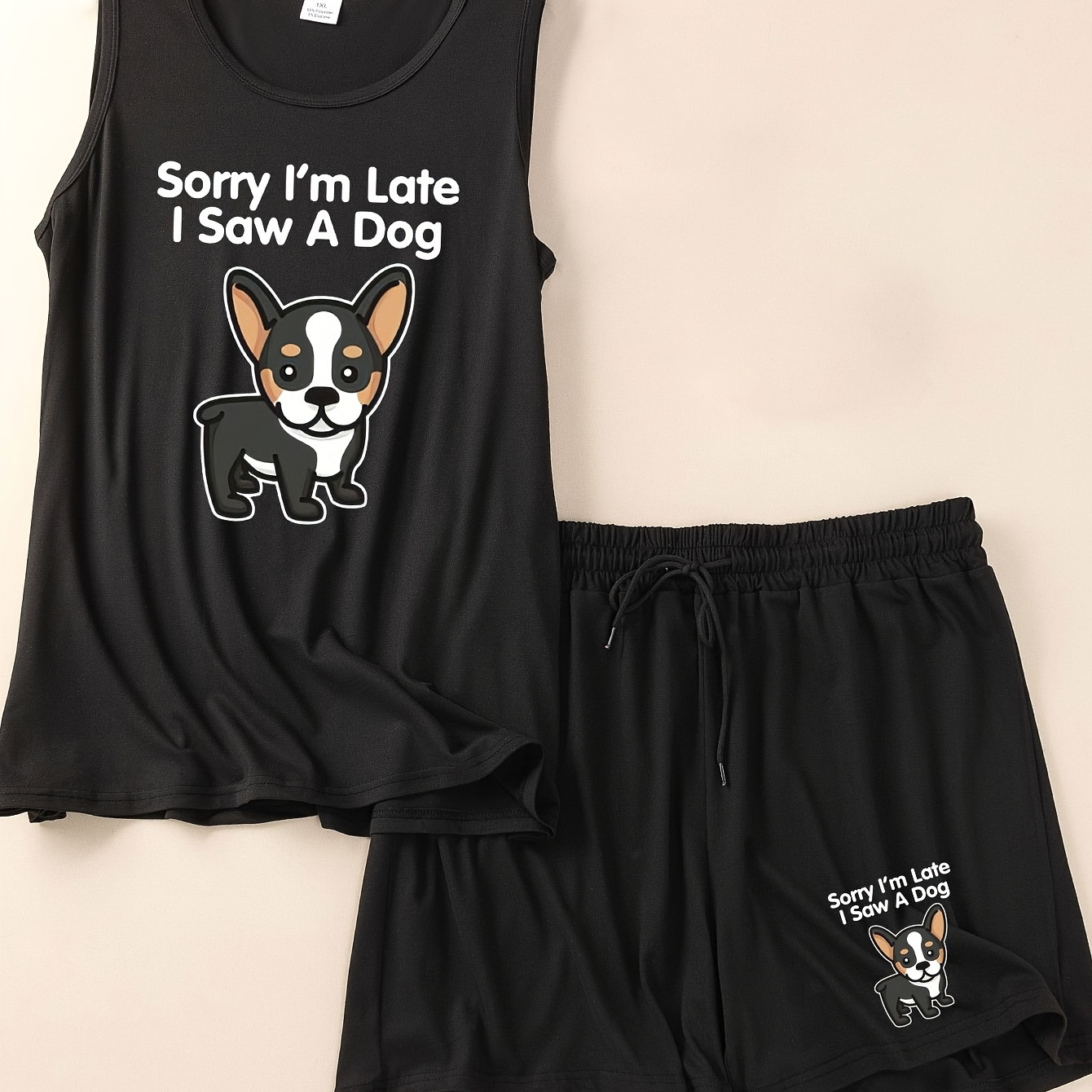 

Women's Casual Lounge Set, Plus Size Cartoon Dog & Slogan Print Round Neck Tank Top & Shorts Pajamas 2 Piece Set