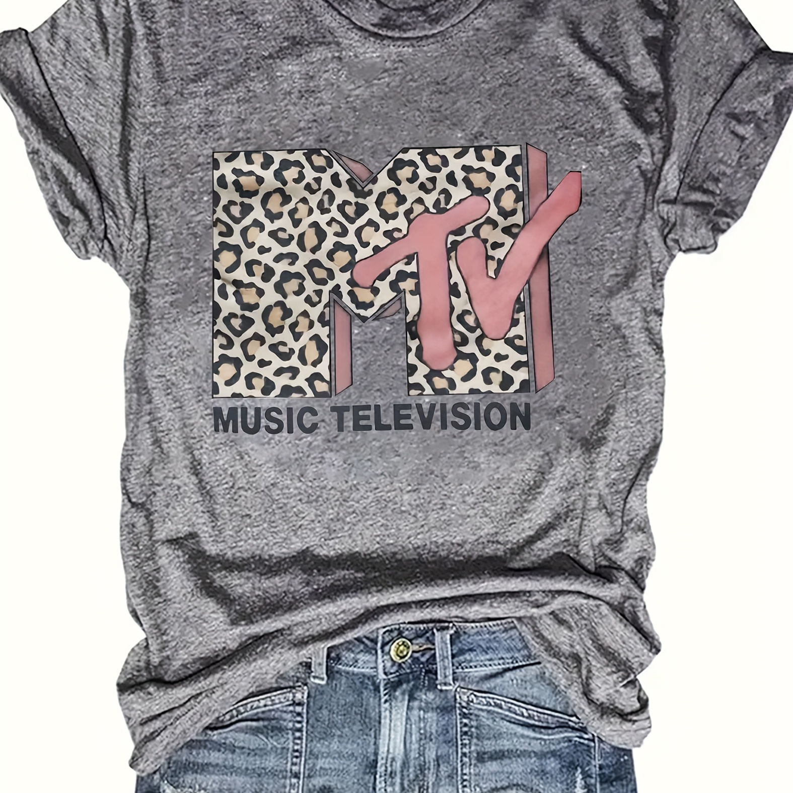 

Women's Mtv Leopard Print T-shirt - Gray Short Sleeve Crew Neck, Casual , , Casual Wear | | Fabric